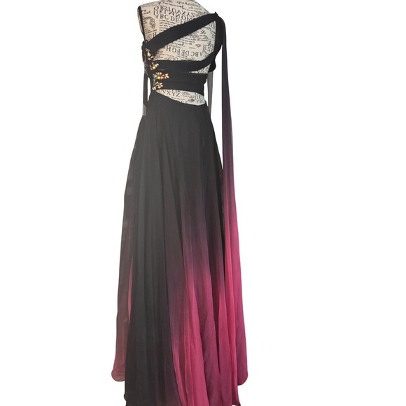Nina Canacci Black Fuschia Ombre One Shoulder Gown Beaded Embellished Size 2 - Picture 6 of 11